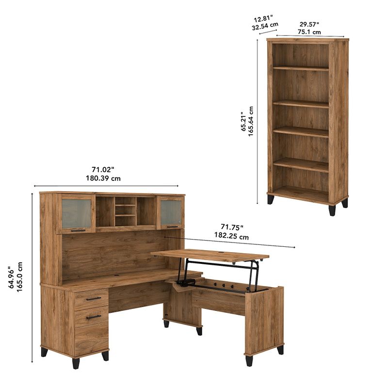 Somerset 72W Sit to Stand L-Desk with Hutch and Bookcase in Ash Gray - Maple Cross