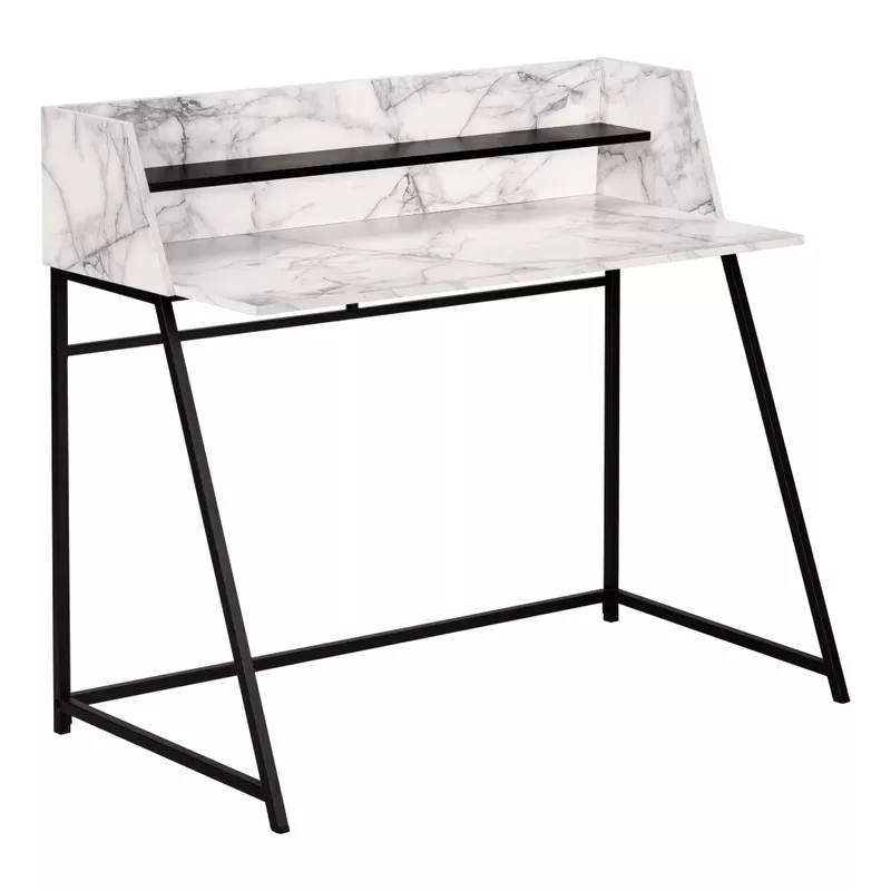 Computer Desk/ Home Office/ Laptop/ Storage Shelves/ 48"L/ Work/ Metal/ Laminate/ White Marble Look/ Black/ Contemporary/ Modern