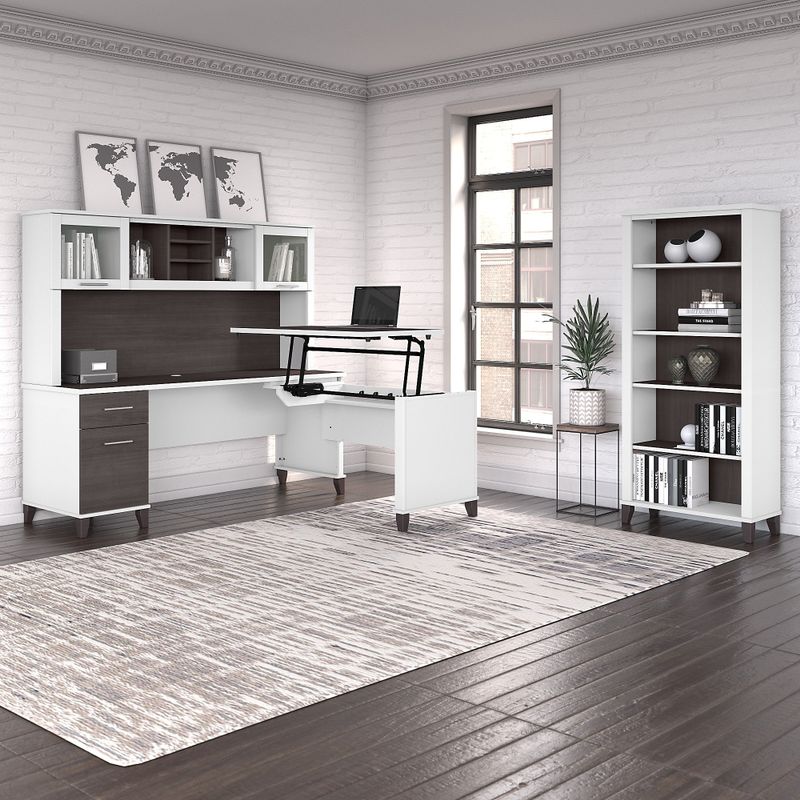 Somerset 72W Sit to Stand L-Desk with Hutch and Bookcase in Ash Gray - Maple Cross