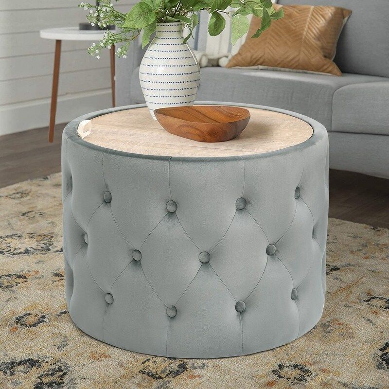 Adeco Round Storage Ottoman Coffee Table Velvet Wooden Lid Foot Stool - Blue