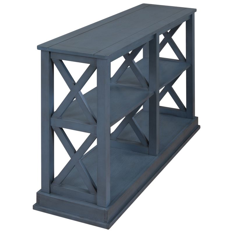 Console Table with 3-Tier Open Storage Spaces and "X" Legs(Navy Blue) - Blue