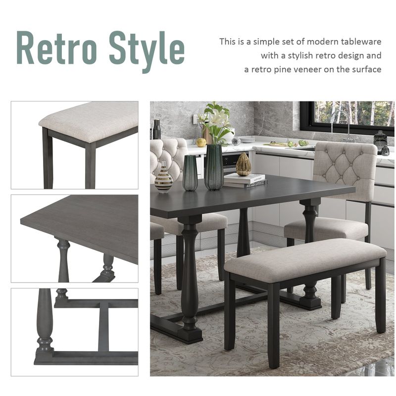 6-Piece Dining Table and Chair Set with Special-shaped Legs - Grey