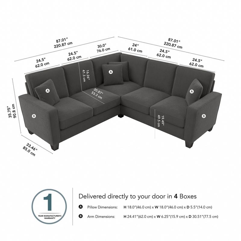 Stockton 86W L Shaped Sectional Couch by Bush Furniture - Charcoal Gray