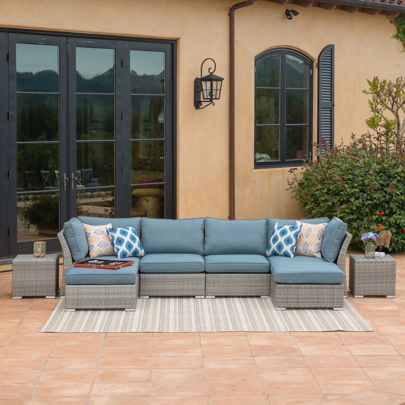 Corvus 8-piece Grey Wicker Patio Furniture Set with Blue Cushions - MS100