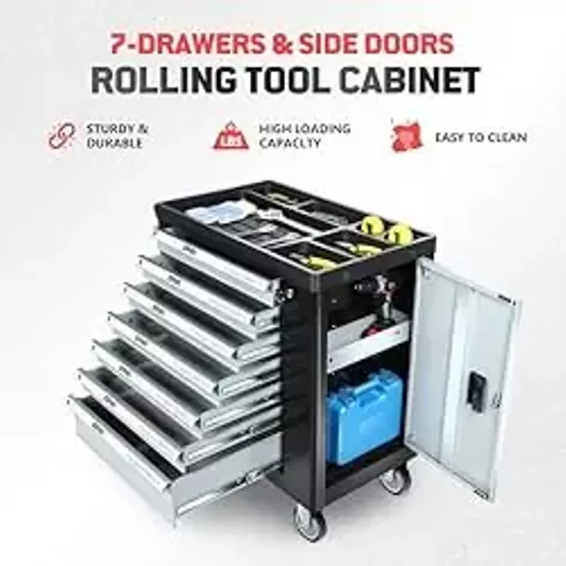 DNA MOTORING 7-Drawers Roller Tool Chest Cabinet with Casters, Locking System, Top Worktop, for Garage Warehouse Workshop, Grey, TOOLS-00397