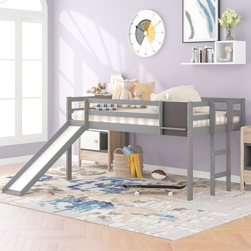 Merax Wood Loft Bed with Slide, Stair and Chalkboard - Grey - Twin