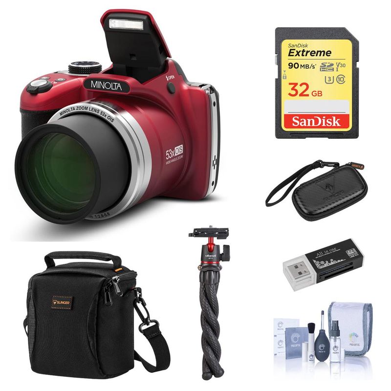 Minolta MN53Z 16MP FHD Digital Camera with 53x Optical Zoom, Wi-Fi, Red Bundle with Shoulder Bag, Octopus Tripod, 16GB SD Card, Reader,...