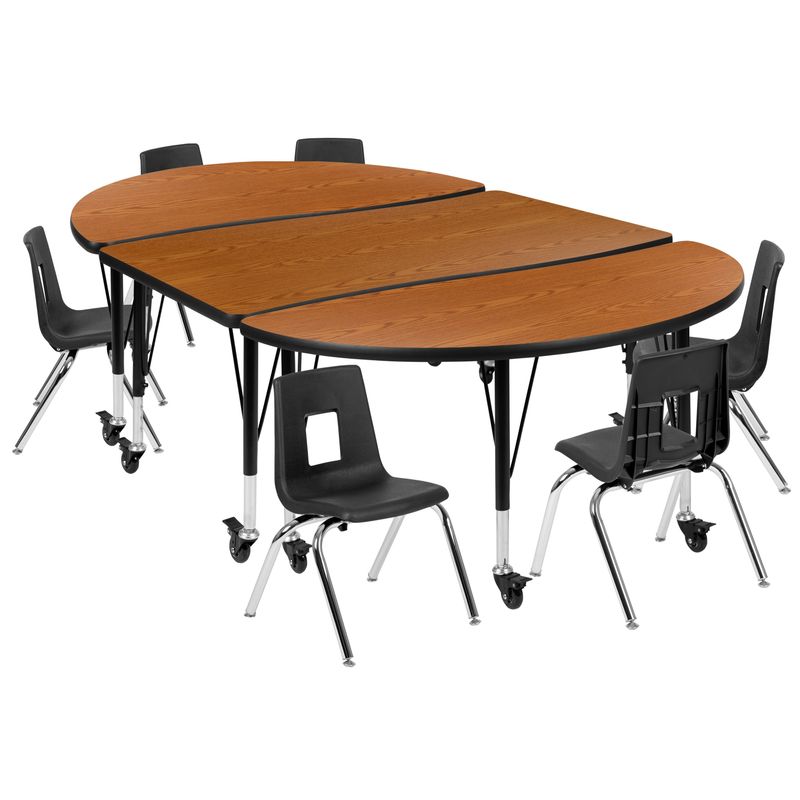 Mobile 76" Oval Wave Collaborative Laminate Activity Table Set with 12" Student Stack Chairs, Grey/Black - Oak