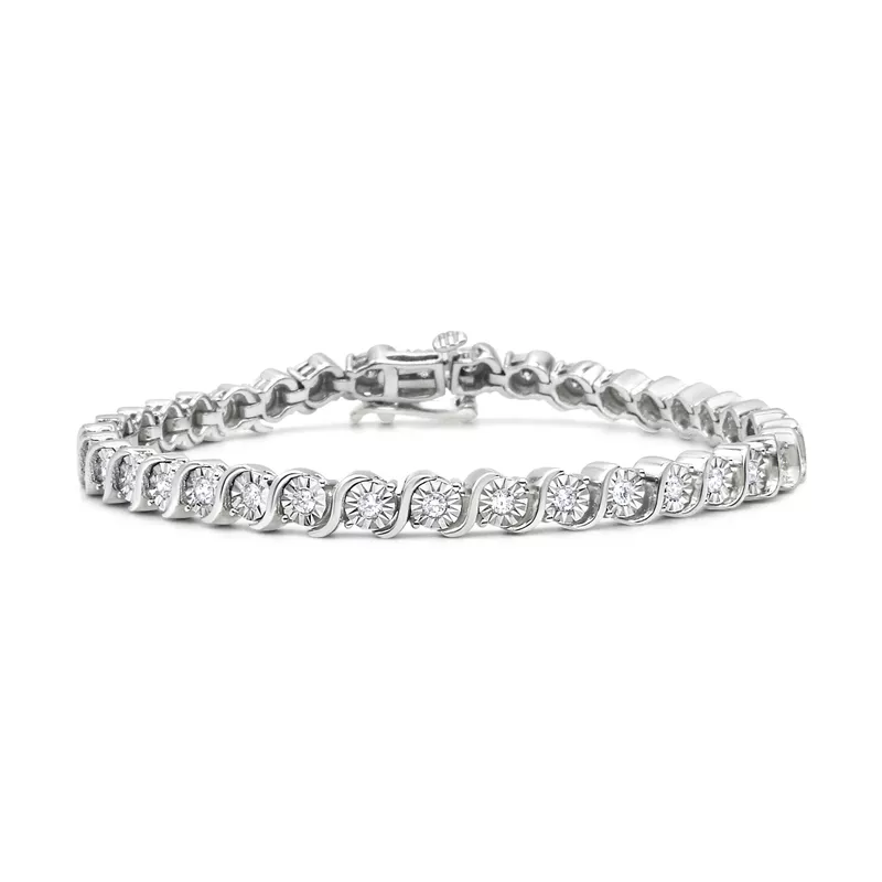 .925 Sterling Silver 1/4 Cttw Miracle-Set Diamond Round Miracle Plate "S" Link 7" Tennis Bracelet (I-J Color, I2- I3 Clarity) - Choice of Metal Color