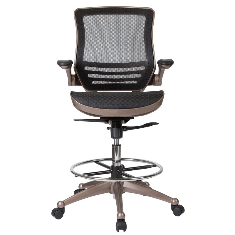Mid-Back Transparent Mesh Drafting Chair with Melrose Gold Frame and Flip-Up Arms - Black