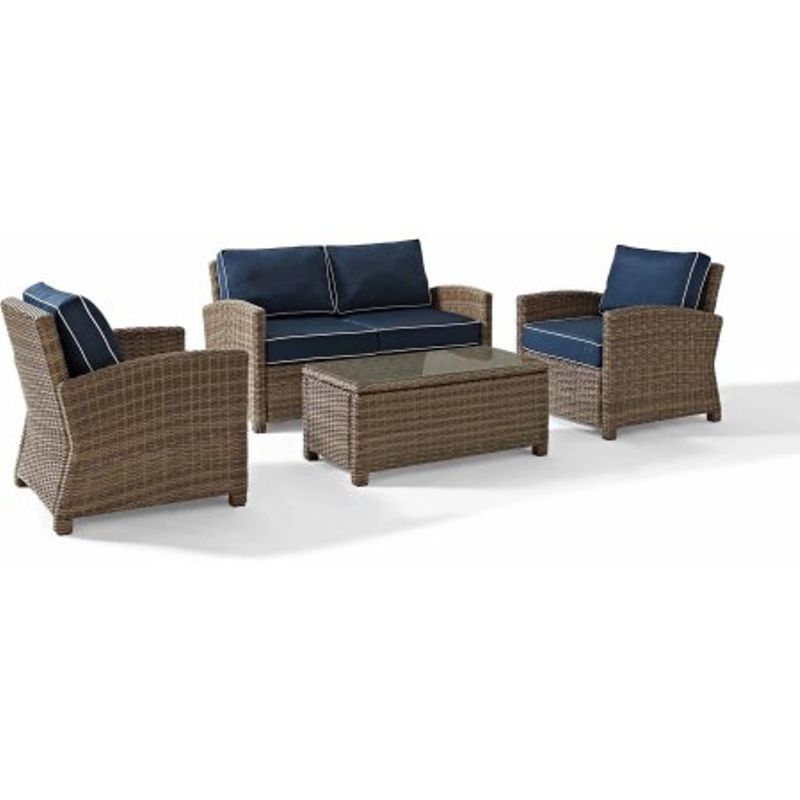 Crosley Furniture Bradenton 4 Piece Outdoor Wicker Seating Set with Navy Cushions - Loveseat, Two Arm Chairs & Glass Top Table
