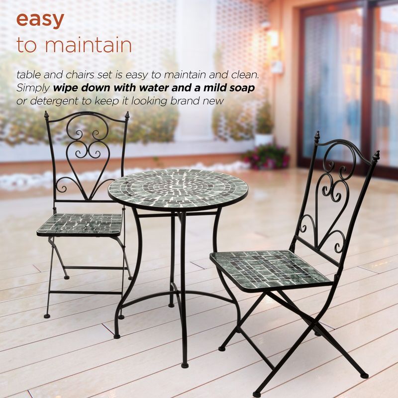 Alpine Corporation Indoor/Outdoor Marbled Glass Mosaic 3-Piece Bistro Set Folding Table and Chairs Patio Seating - Black