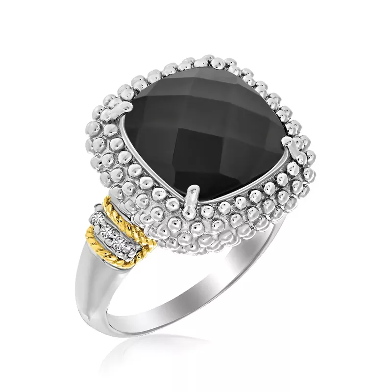 18k Yellow Gold & Sterling Silver Black Onyx and Diamond Popcorn Cushion Ring (Size 7)