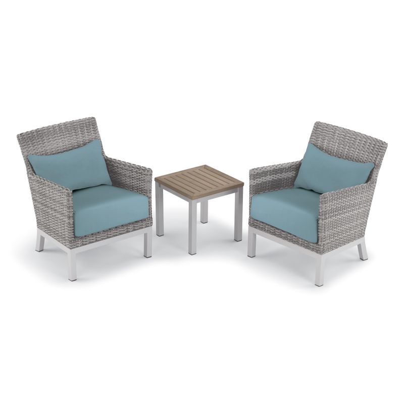 Oxford Garden Argento 3-piece Resin Wicker Club Chair, Pillows & Travira Tekwood Vintage End Table Set - Ice Blue Cushions