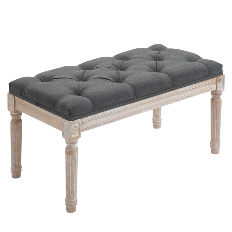 HOMCOM 15.75" Vintage Ottoman, Tufted Footstool with Upholstered Seat, Distressed Wood Legs for Bedroom, Living Room - Grey