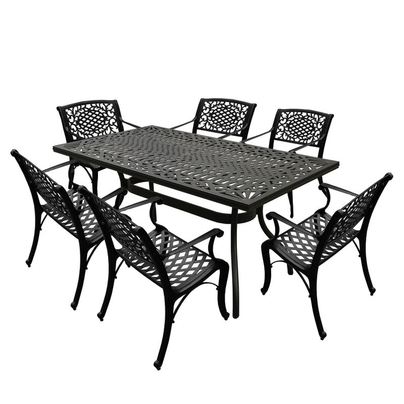 Modern Ornate Outdoor Mesh Aluminum 68-in Rectangular Patio Dining Set with Six Chairs - Black
