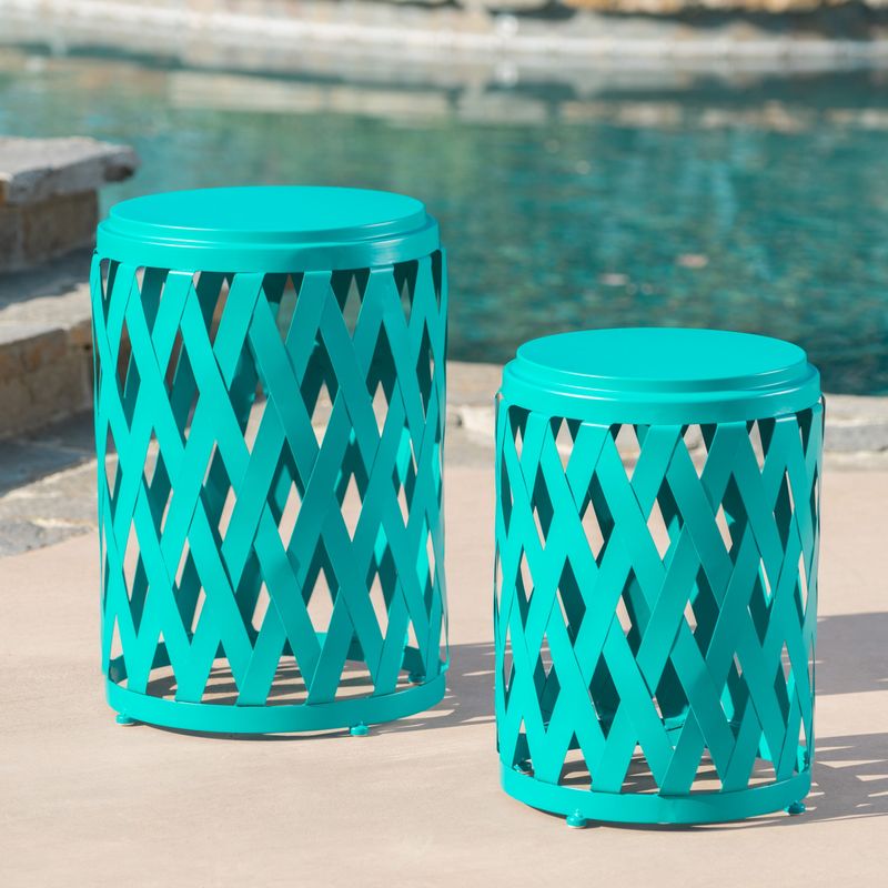 Selen Outdoor 12-inch and 14-inch Lattice Nested Side Table Set by Christopher Knight Home - Matte Teal