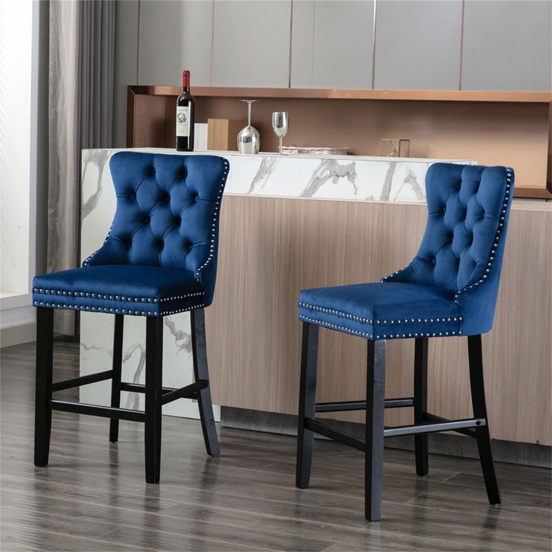 Upholstered High Stools with Wooden Legs(Set of 2 ) - Black