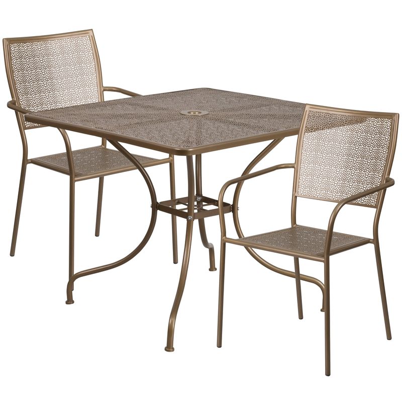 35.5" Square Black Indoor-Outdoor Steel Patio Table Set w/ 2 Square Back Chairs - White