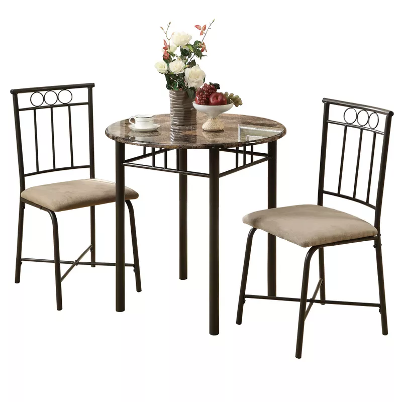Dining Table Set/ 3pcs Set/ Small/ 30" Round/ Kitchen/ Metal/ Laminate/ Brown Marble Look/ Transitional