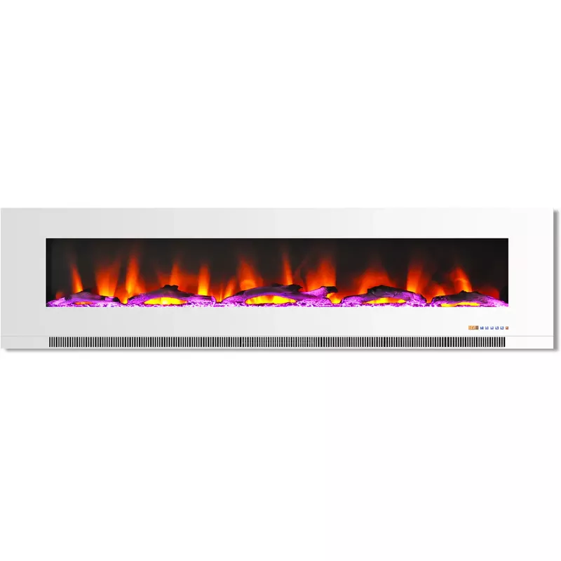 78-In. Wall-Mount Electric Fireplace in White with Multi-Color Flames and Driftwood Log Display