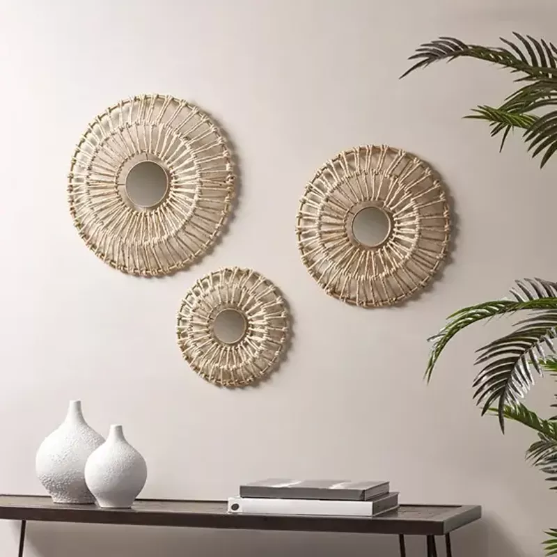 Ella Round Natural Fiber and Mirror 3-piece Wall Decor Set