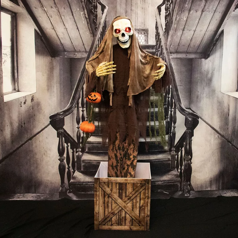 Animatronic Skeleton in a Box with Movement, Sounds, and Light-Up Eyes for Scary Halloween Decoration