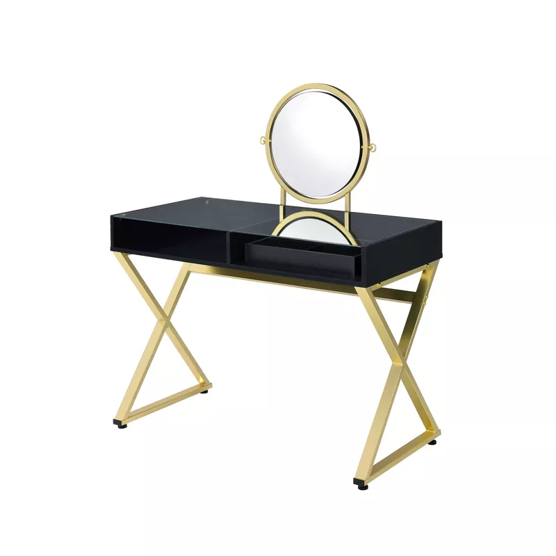 ACME Coleen Vanity Desk w/Mirror & Jewelry Tray, Black & Gold Finish