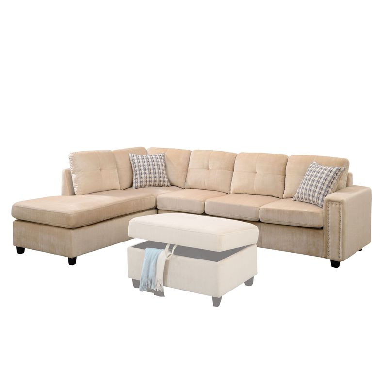 Acme Furniture Belville Sectional Sofa with Pillows (Reversible) - Sectional Sofa, Beige Velvet