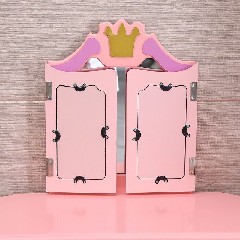 Children's Dressing Table 3-Foldable Mirror/Chair/Single Drawer - Pink - 1-drawer