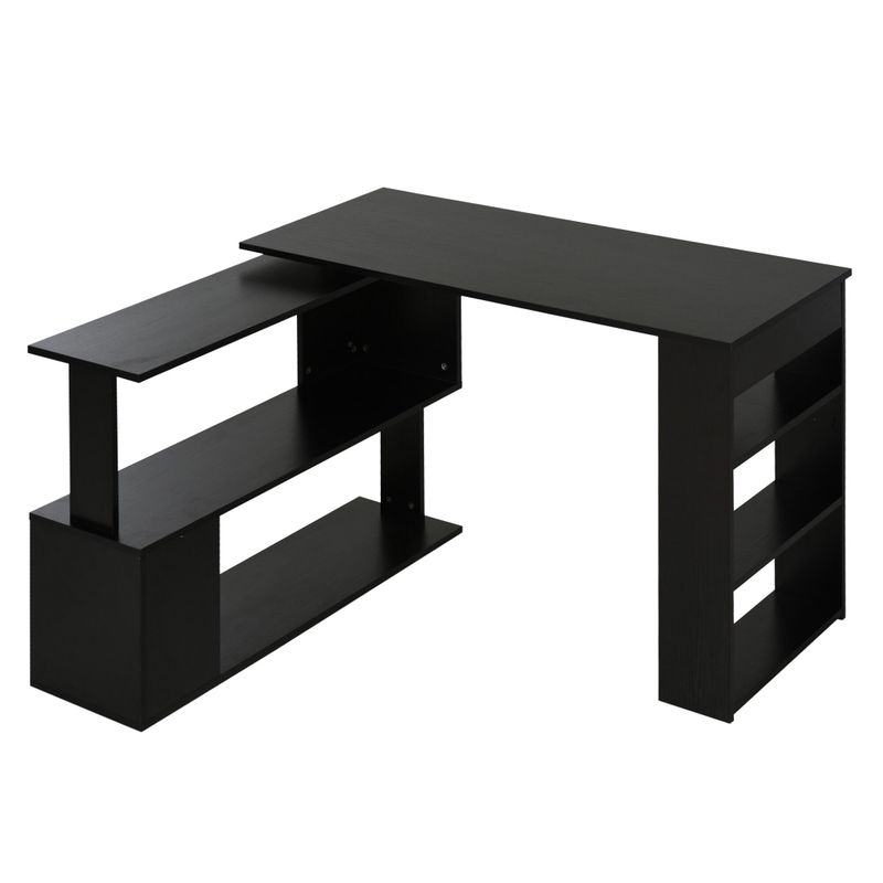 HomCom Modern L Shaped Rotating Computer Desk with Bookshelves - Black - Matte