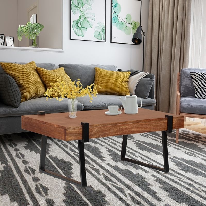 ExBrite Solid Wood Coffee Table Metal Legs with Total Side 4" - Wood