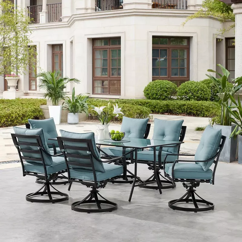 Lavallette 7pc: 6 Swivel Dining Chairs and Rectangle Glass Table