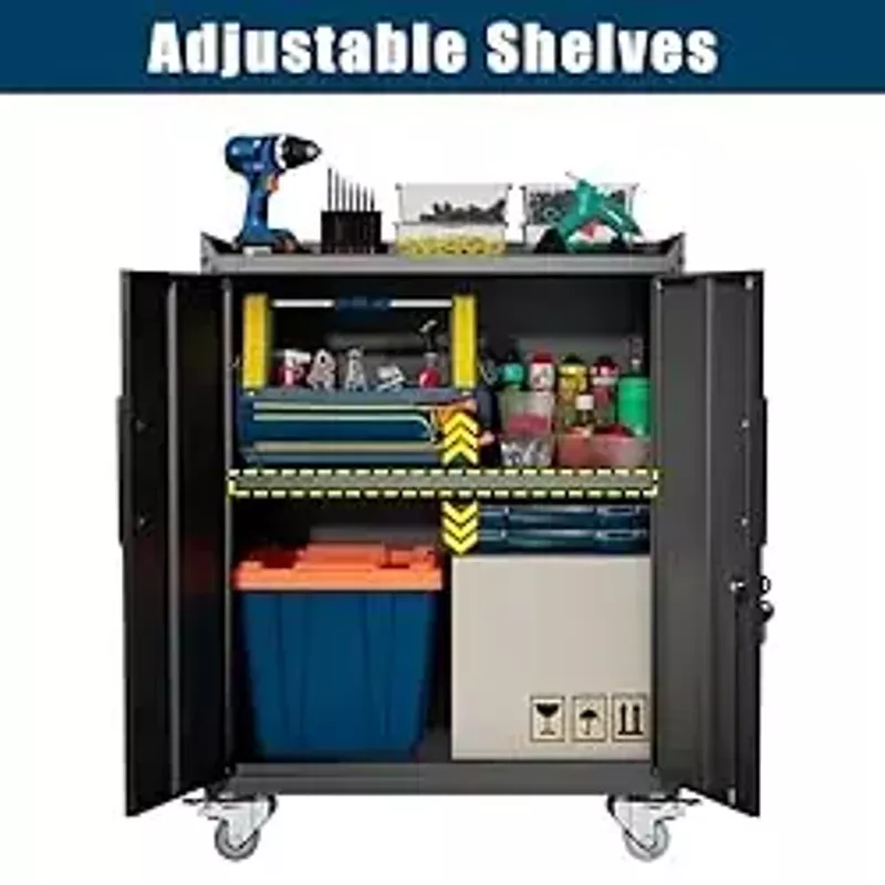 PULLAFUN 2 Door Tool Cabinet for Garage, Lockable Garage Storage Cabinet, Metal Storage Cabinet with 2 Adjustable Shelves, Rolling Tool Chest with Wheels, Assembly Required 34" H * 30.3" L * 18" W