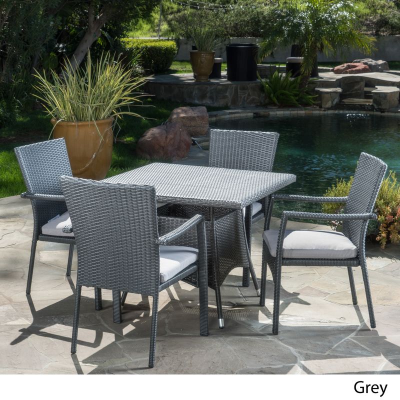 Campbell Outdoor 5-piece Square Wicker Dining Set with Cushions by Christopher Knight Home - Grey/ Grey Cushions
