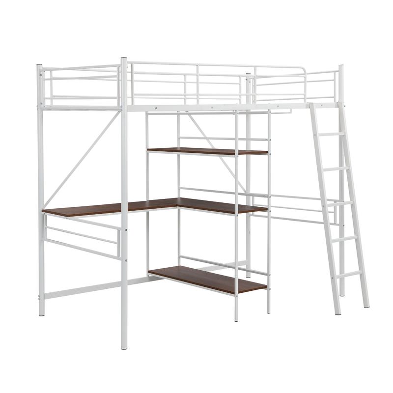 Merax Metal Twin Size Loft Bed with 3-Tier Shelves - White