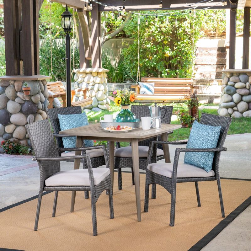 Marias Outdoor 5 Piece Wood and Wicker Dining Set by Christopher Knight Home - Grey/Crème/Teak