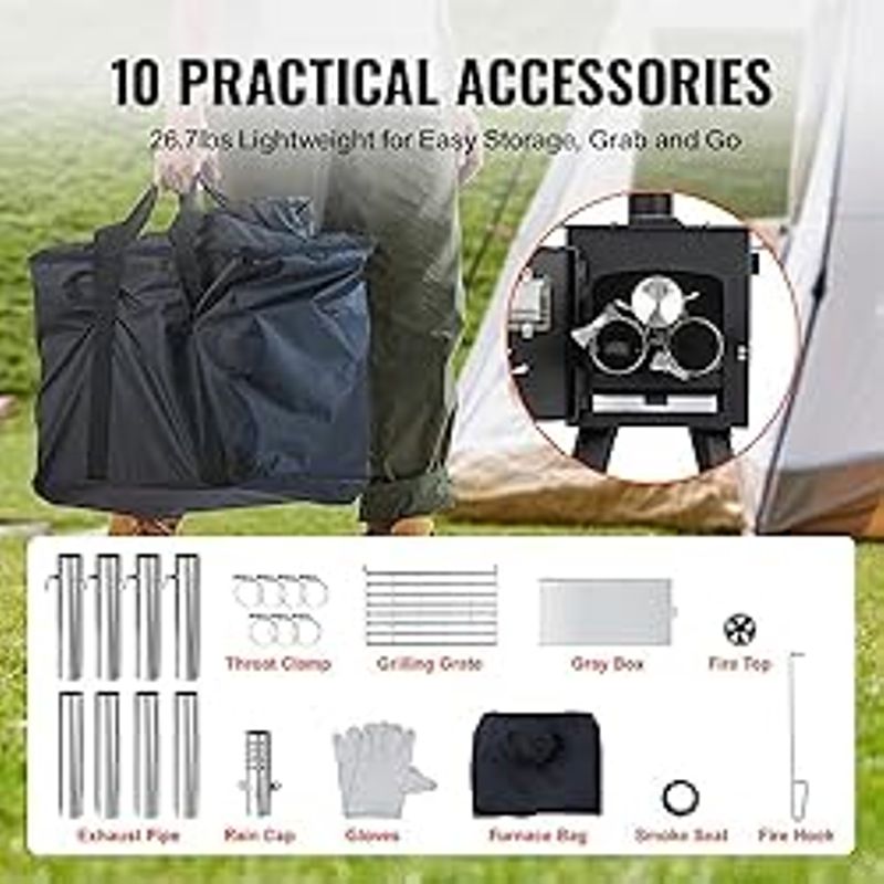 VEVOR Camping Wood Stove Alloy Steel Camping Tent Stove, Portable Wood Burning Stove with Chimney Pipes & Gloves, 1400inFirebox Hot Tent...