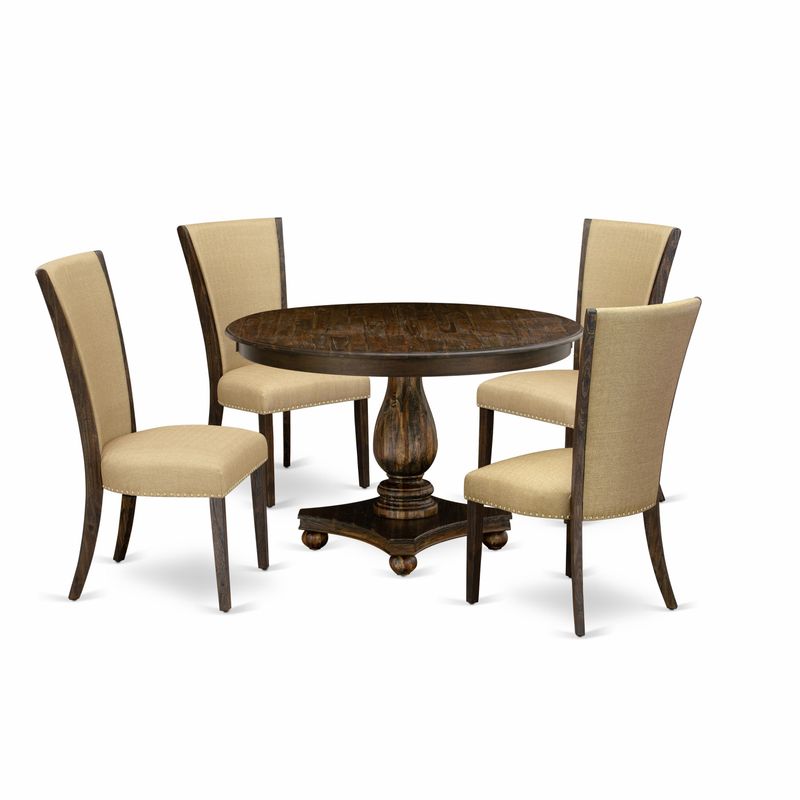 Dining Set - Pedestal Dining Table and Brown Parson Dining Chairs with High Back - Distressed Jacobean Finish (Pieces Option) - F2VE5-703