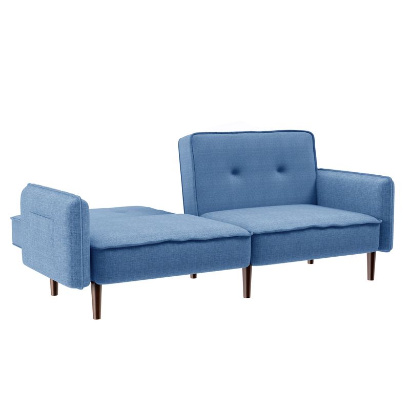 Convertible Futon Sofa Bed with Solid Wood Legs in Cotton Linen Fabric - Blue