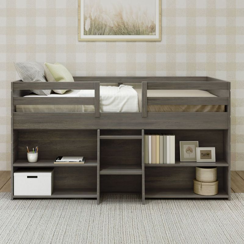 Max and Lily Farmhouse Twin Low Loft Bed with 2 Bookcases - Barnwood Brown