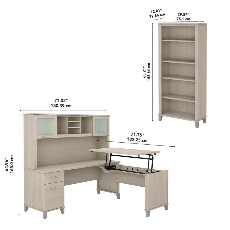 Somerset 72W Sit to Stand L-Desk with Hutch and Bookcase in Ash Gray - Maple Cross