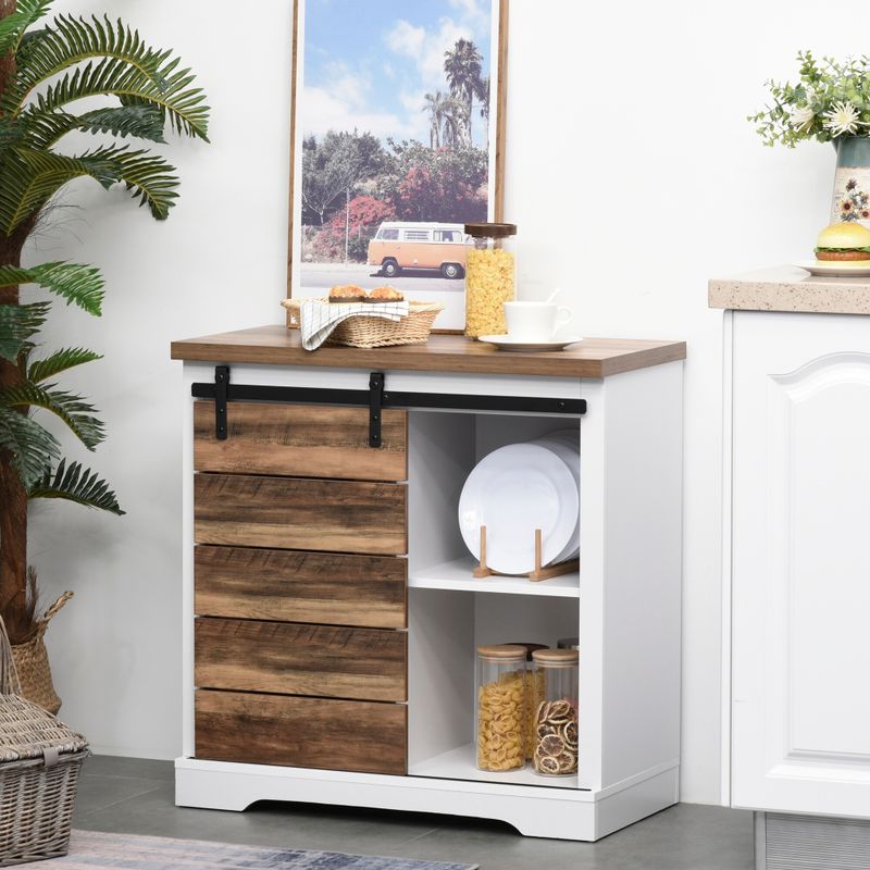 HOMCOM Rustic Farmhouse Accent Side Cabinet Buffet Sideboard with Sliding Barn Door and Interior Shelves, White/Brown - White, Brown