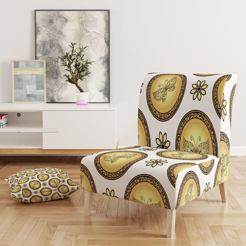 Designart 'Gold and Browne Pattern with Gradient Vintage Circles' Upholstered Mid-Century Accent Chair - Slipper Chair