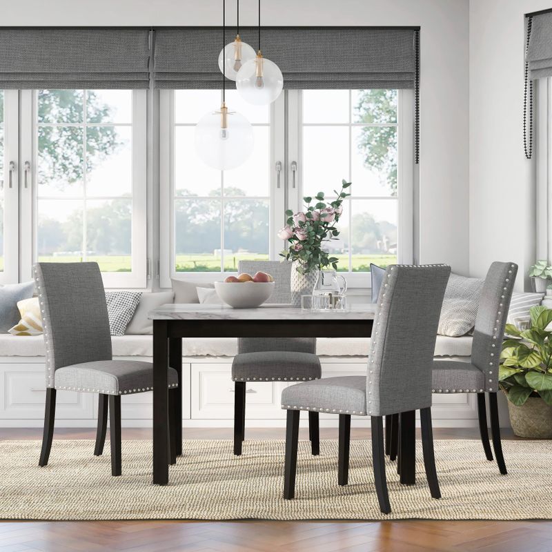 Furniture of America Paulina White and Grey Marble 5-Piece Dining Set - White and Brushed Brown Gray