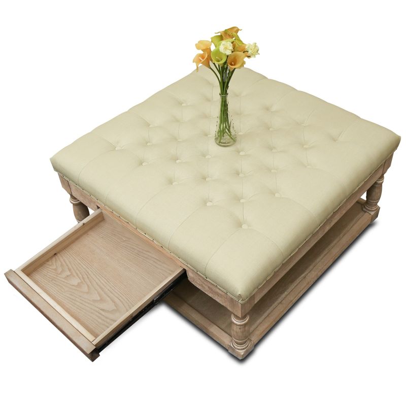 Suleiman Tufted Padded Cocktail Ottoman with Shelf and Drawer
