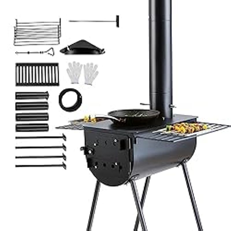 VEVOR Wood Stove, 118 inch, Alloy Steel Camping Tent Stove, Portable Wood Burning Stove with Chimney Pipes & Gloves, 3000inFirebox Hot...