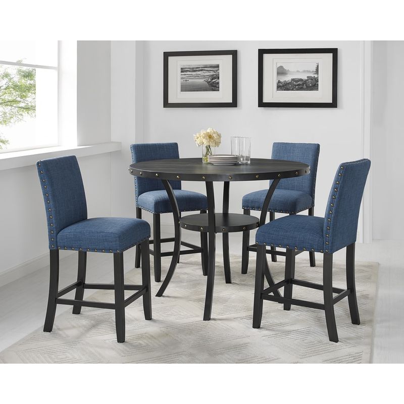 Roundhill Furniture Biony Espresso Wood Counter Height Dining Set with Fabric Nailhead Stools - Brown