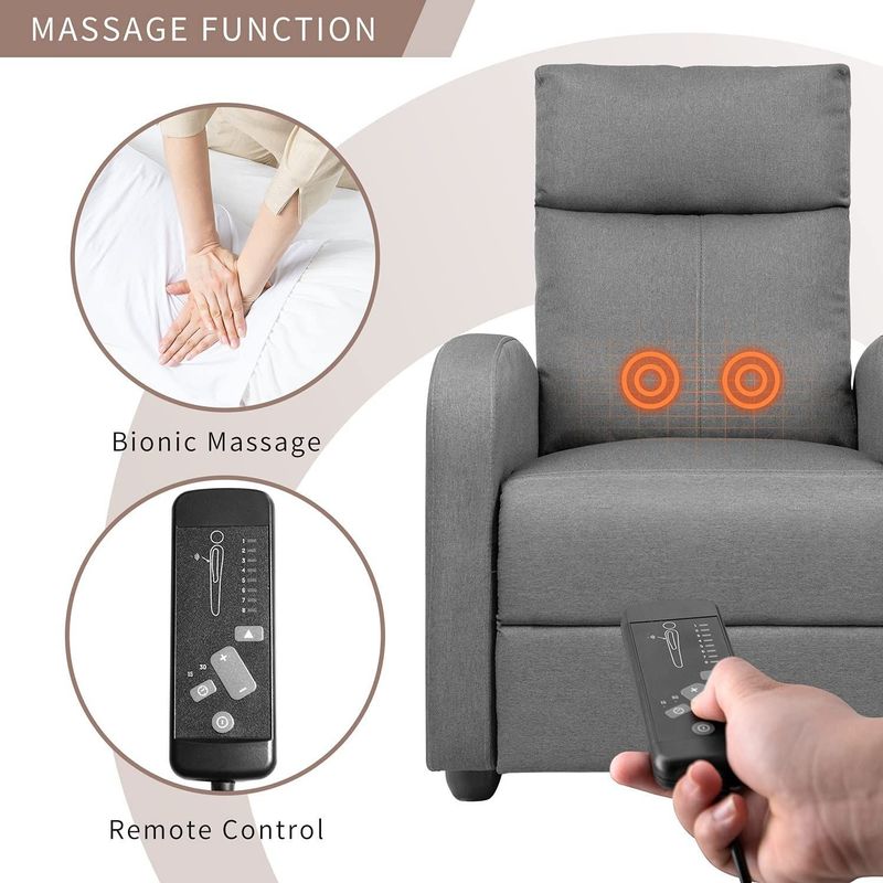 Fabric Recliner Chair Massage Recliner Sofa Chair Adjustable Reclining Chairs Home Theater Single Modern - Grey