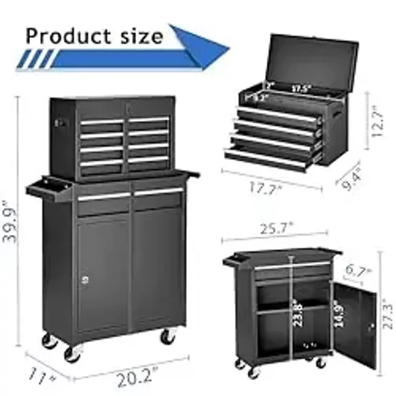 SumKea Wheels, Box, 5 Drawer Rolling Tool Chest and 2 Lockers, Detachable Storage Cabinet, for Garage Warehouse Workshop, Black